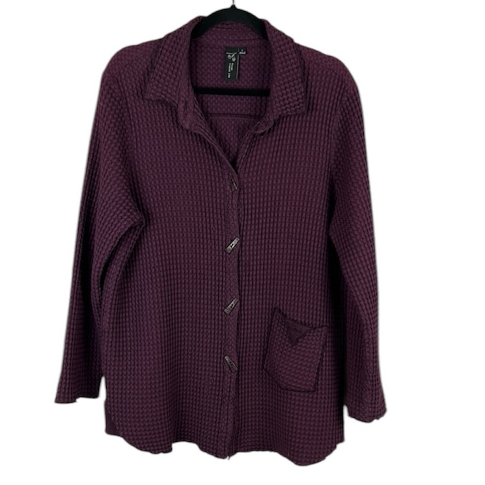 Focus Casual Life Cotton Waffle Knit Button Front Shacket Top Large Purple